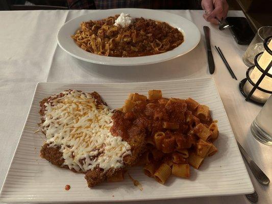 Tagliatelle Bolognese and Chicken Parmigiana