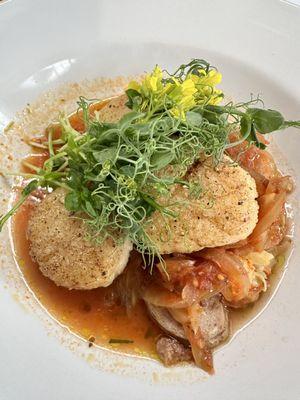 Seared Sea Scallops with Cioppino, Crawfish and Duck Sausage