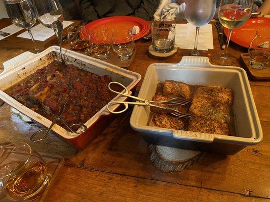 Main entree Osso bucco and salmon served on Le creuset.