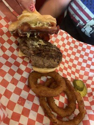 Bacon Bleu Burger with onion rings