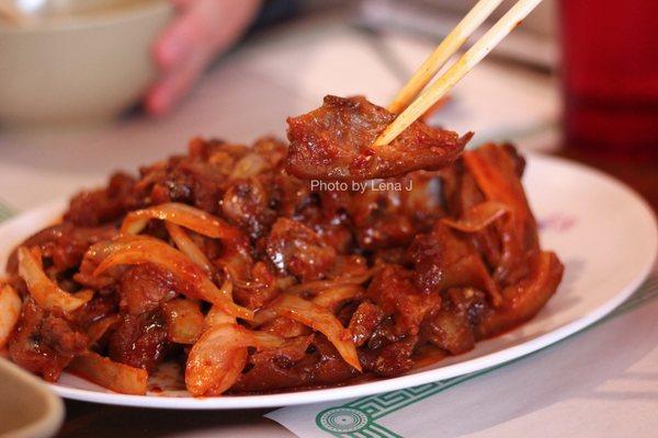 Close up of Jokbal Bokum  ($20.95) Braised Pigs' Feet Pig's feet spicy stir fried. Good.