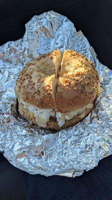 Sausage, Egg, Pepper Jack Cheese on an Everything Bagel!! This is my go to! This place has an amazing breakfast sandwich special.