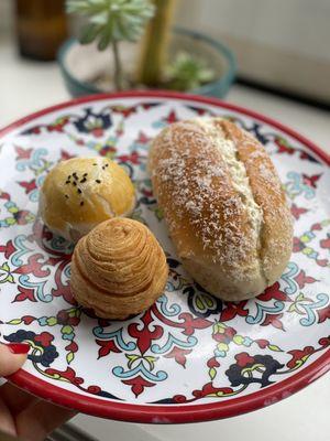 Red bean pastry, passion fruit & the large one is coconut cream pastry. YUM!