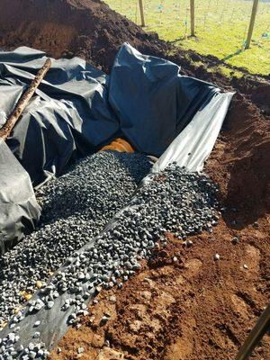 Fabric around the infiltration system prevents soil from clogging up the drain rock