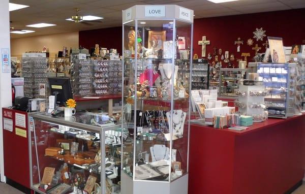 Display Cases with Jewelry, Statues and Gifts