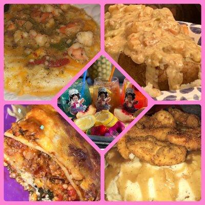 Shrimp and grits, Loaded seafood baked potato, Lasagna, Fried chicken and mashed potatoes cake