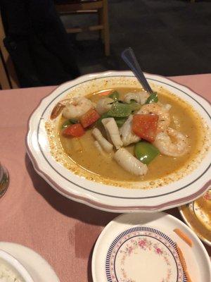 Shrimp and squid in coconut curry sauce