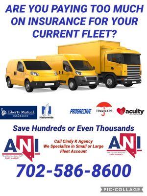 Fleet insurance, save Hundreds, call Cindy K Agency