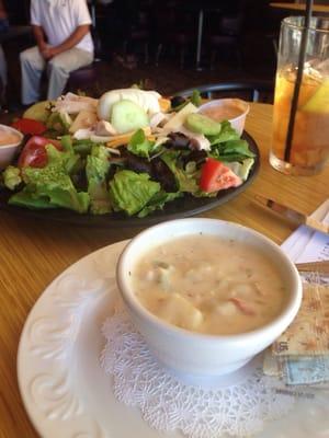 Cup of great clam chowder with chefs salad. ( I didn't want the ham)  Salad pretty big , should have gone with house salad.