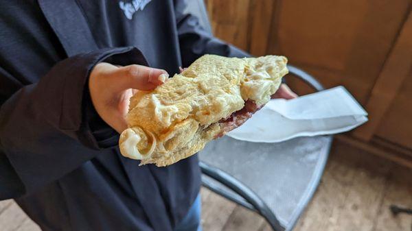 A "bear paw" (or claw?). Pastry filled with huckleberry cream cheese.