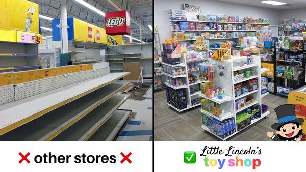 Why settle for gloomy aisles and empty shelves? At Little Lincoln's Toy Shop, our store is always fully stocked with toys tha...