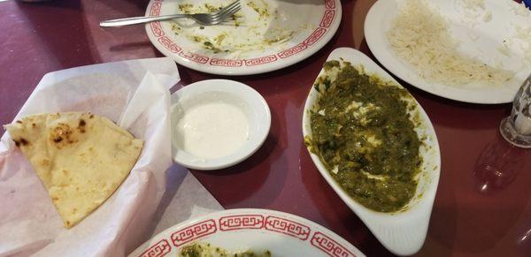 Oops ate way through our lunch $13.99 Chicken Palak spinach, raita, naan, basmati, before the point n shoot.