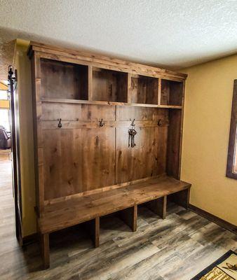 Custom Rustic Alder Mudroom Locker Cabinets. This design allows storage for a family of four. Located in Plymouth Minnesota.