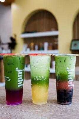 Yuzu Dragon Fruit Matcha, Mango Matcha, Strawberry Matcha with boba