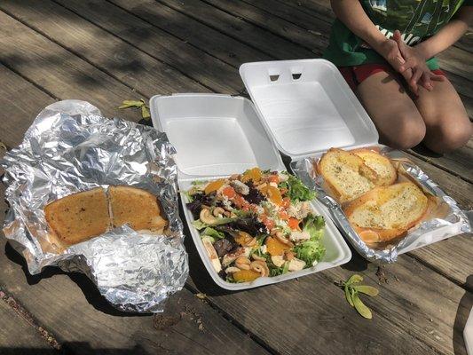 Turkey Ruben, Chicken Cashew Salad, Garlic Bread