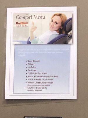 The "comfort menu"... is this a hotel or the dentist office?!