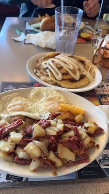 Homemade Corned Beef Hash and side of Cinnamon Roll Pancakes