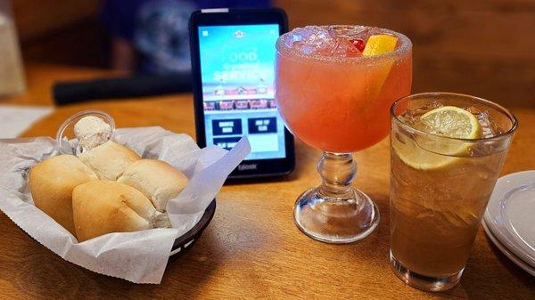 Warm TR rolls with Honey Cinnamon Butter, Hurricane Margarita and Long Island Iced Tea