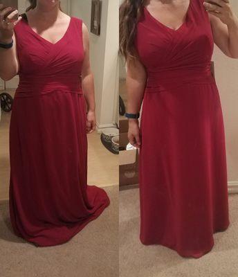 Before and after tailoring on my bridesmaid dress.  One week turnaround, great price, and wonderful results.  So pleased!