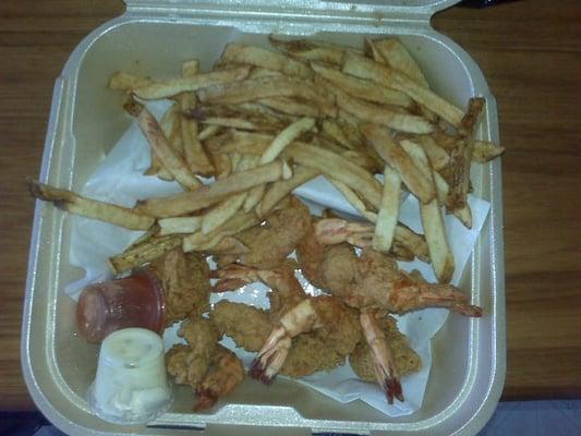 Shrimp dinner with a double order of fries for about $10.