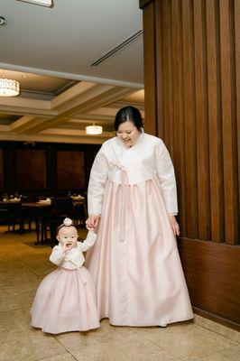 Matching hanboks for my daughter's first birthday.