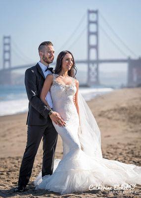 Wedding shoot on Baker Beach in San Francisco.