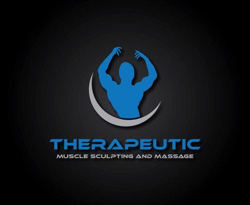 Therapeutic Muscle Sculpting and Massage logo - blue bodybuilder shadow with silver crescent moon