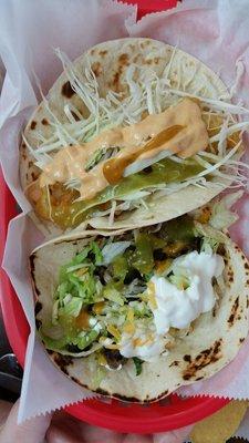 California (shrimp) Taco - no Pico de gallo just cabbage and spicy cream and a Gringo (steak/asada) taco