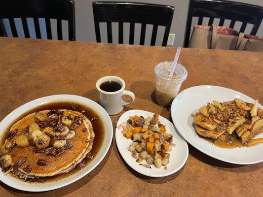 Drunken Monkey Pancakes, PG Potatoes, Apples & Cream French Toast