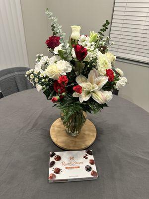 Red and white roses and chocolate