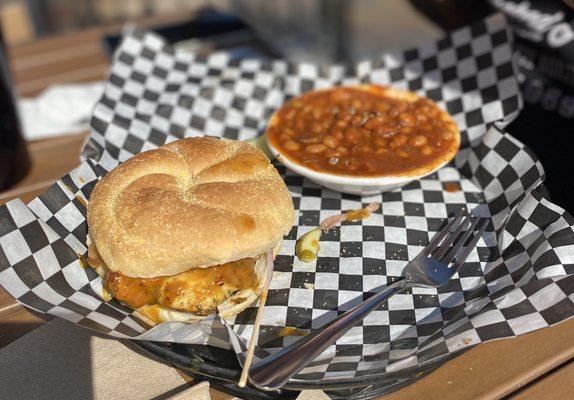 Grilled Chicken with BBQ gold sauce and Baked Beans.