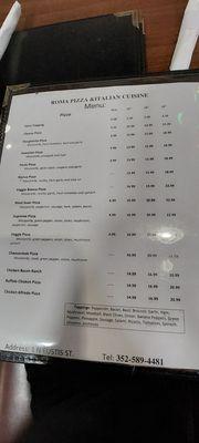 Pizza's menu