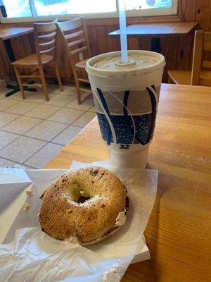 Everything bagel and 32 oz coffee - $5!