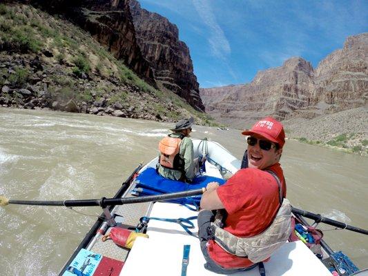 River guide Grand on an oar boat.