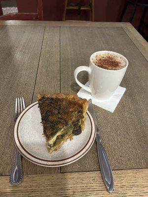 Mushroom Swiss quiche and spicy chai latte.