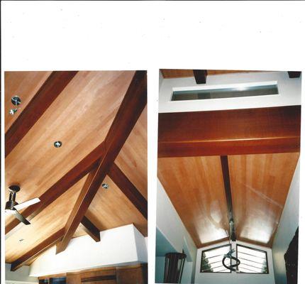 open beam ceiling in red birch