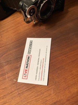 Business card of GM from varsity theatre.