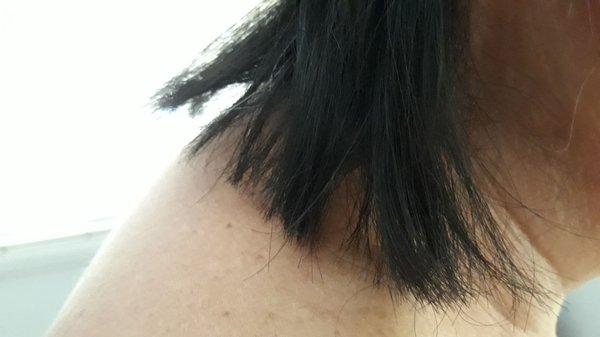 Right side. Hair hanging 2 inches.  Cut too short.  Cannot put in ponytail.