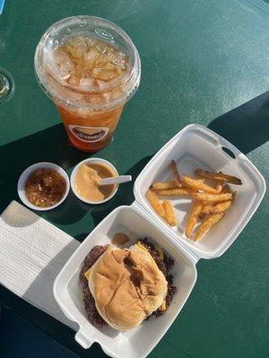 Double on original bun, fries, Farmers Sauce and Bacon Jam sauce, sweet tea.