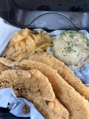 Flounder with cabbage and mashed potatoes.