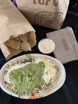 Lunch - barbacoa bowl with chips and queso blanco