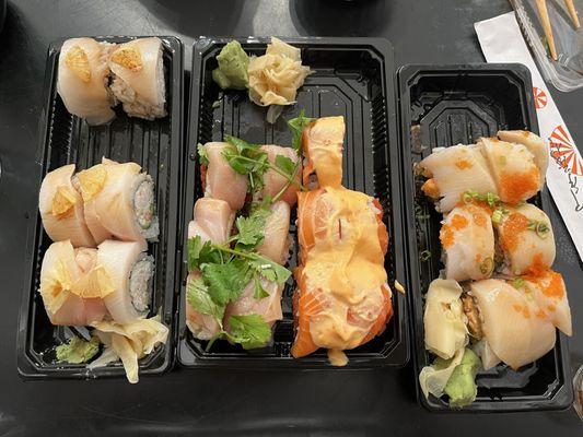 To-go order (left to right): Yellowtail & Lemon Roll, Baja Fresh Roll, Sunshine Roll, Down Town Roll