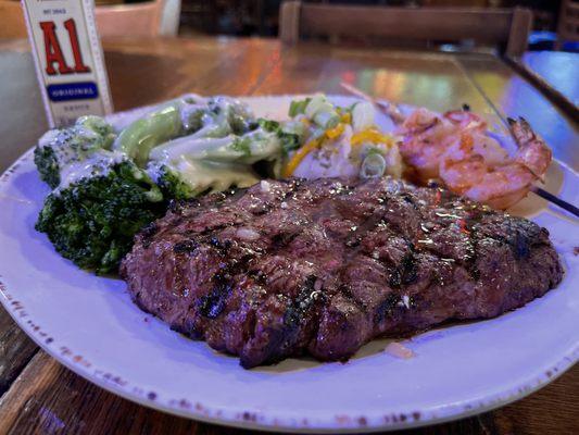 12oz Sirloin Dinner with Add on Shrimp skewer.