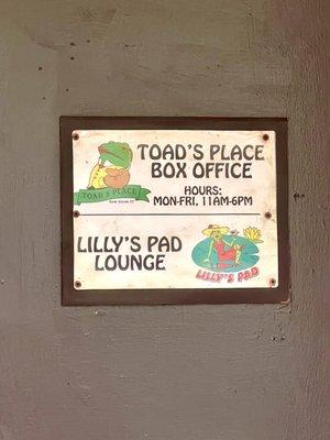 Box office info and Lilly's pad lounge