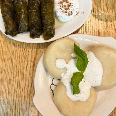 KVARI Megruli cheese dumplings, served with homemade mint yogurt  LAMB STUFFED GRAPE LEAVES Lamb, rice, mint, sour cream.