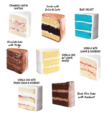 8 Delicious cake flavors to choose from. We have traditional flavors and some with a twist like Dulce de Leche or Blue (or Red) Velvet cake