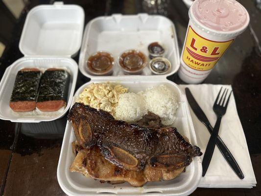 BBQ Mix Combo Plate & Spam Musubi & Fountain Soda