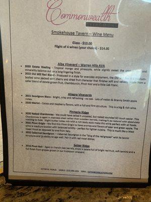 Wine flight menu