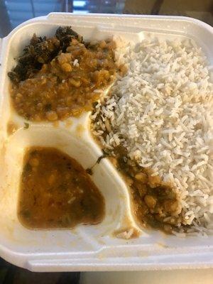 Dal (lentil soup), some sort of leaves (forgot the name), and rice