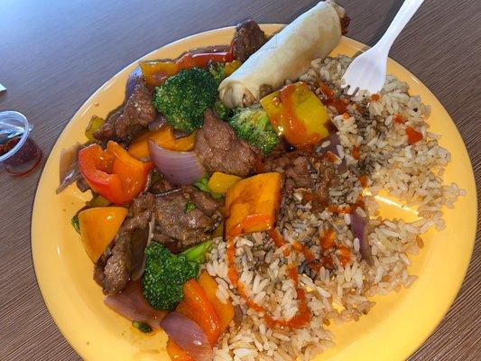 Pepper steak and fried rice but more like brown rice